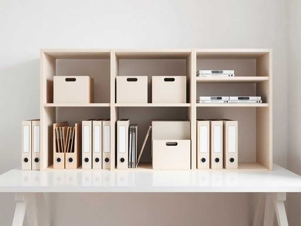 A minimalist organized shelf with neutral colored storage bo