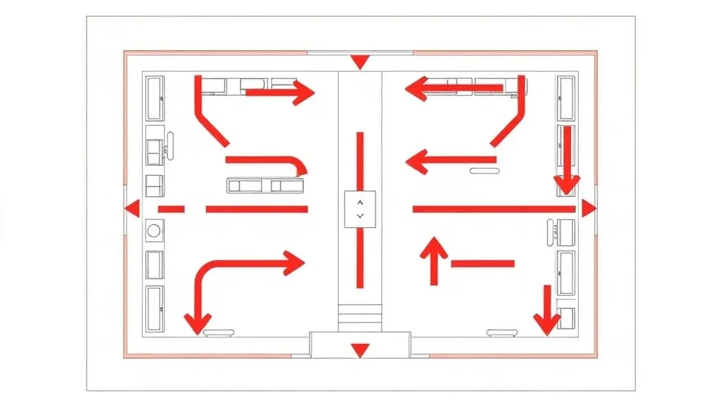 A minimalist architectural blueprint of a supermarket floor