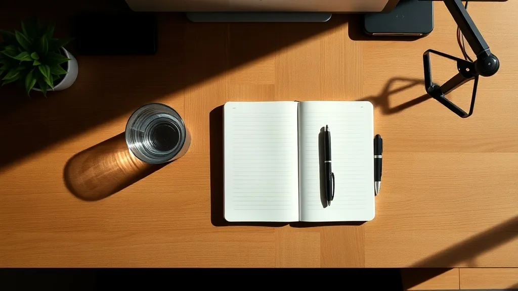 A minimalist top-down view of a clean wooden desk with a sin